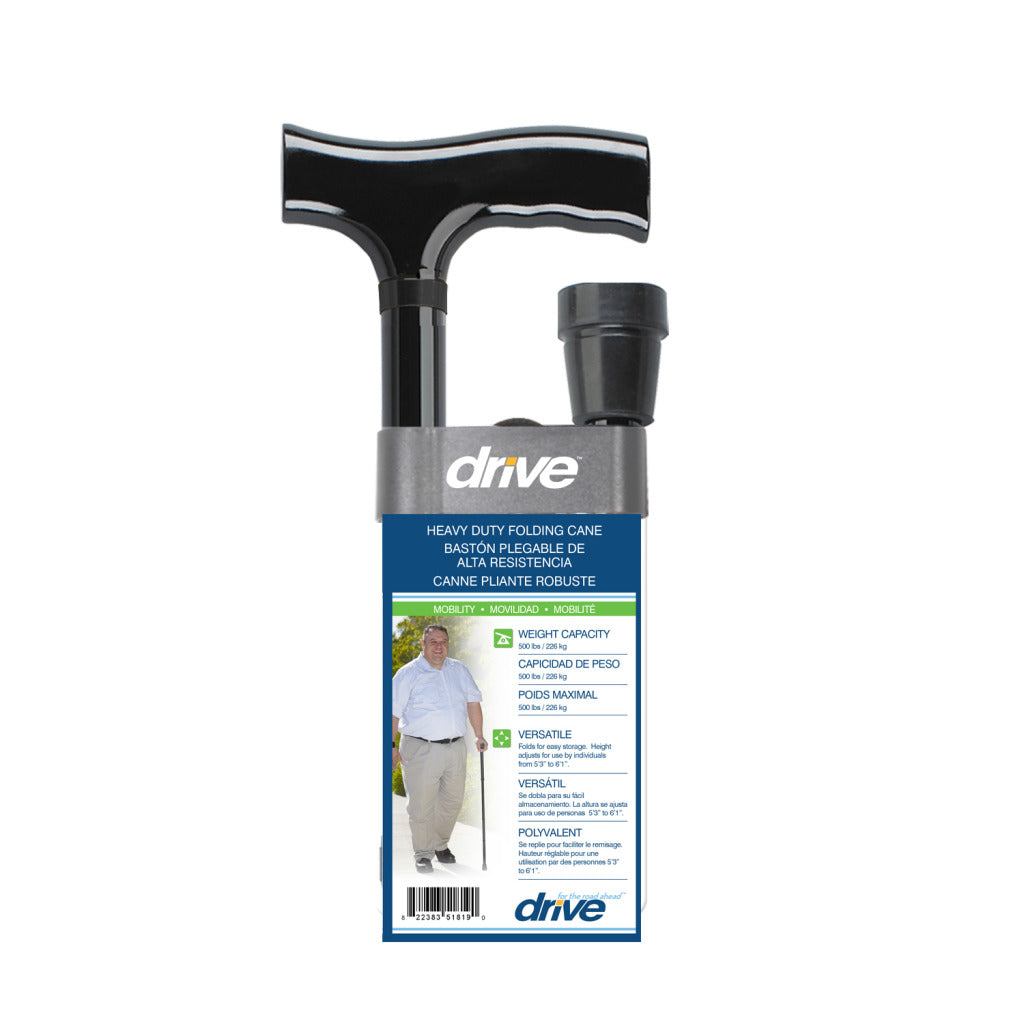 Folding cane with black T-handle shown in Drive brand retail packaging on white background