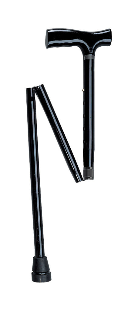 Folding cane with glossy black T-handle shown partially collapsed, featuring a rubber tip and adjustable shaft