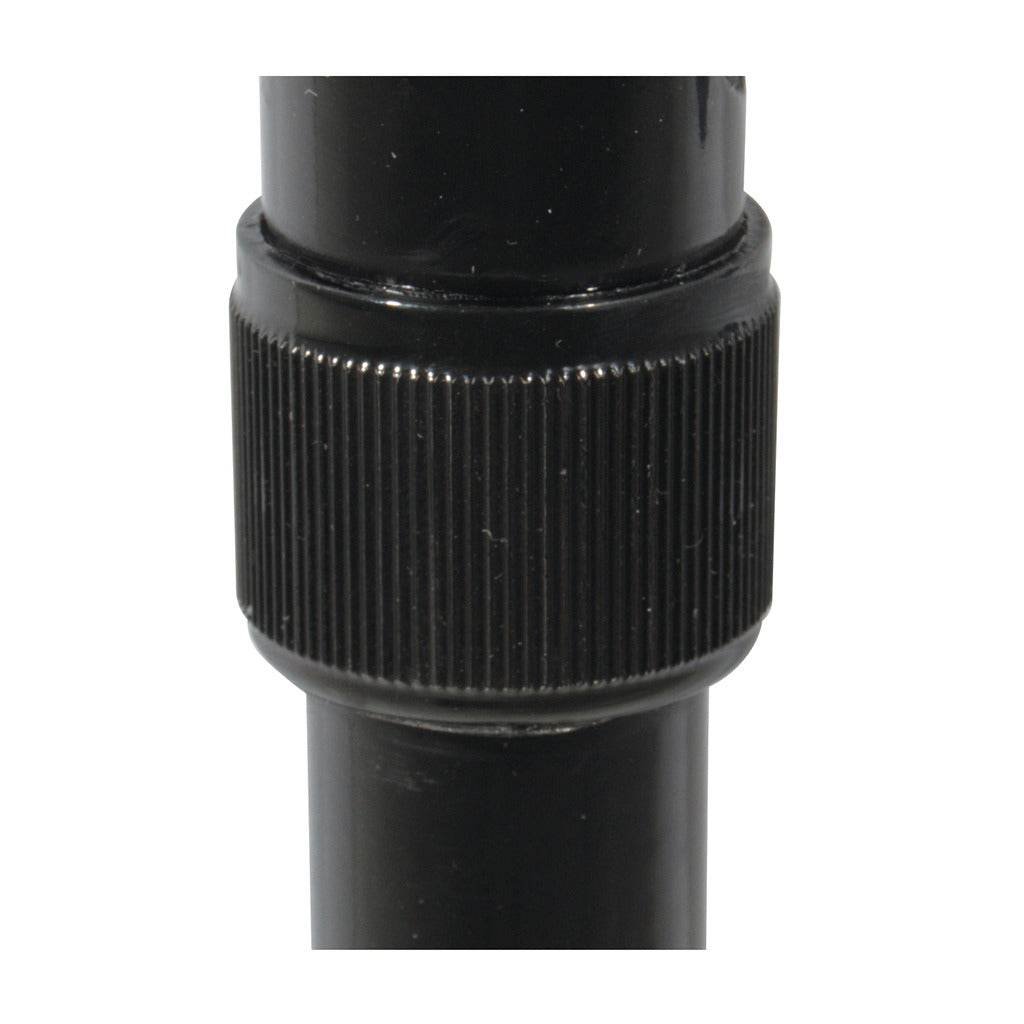 Walking cane height adjustment collar with black knurled twist-lock mechanism connecting two sections of black aluminum shaft