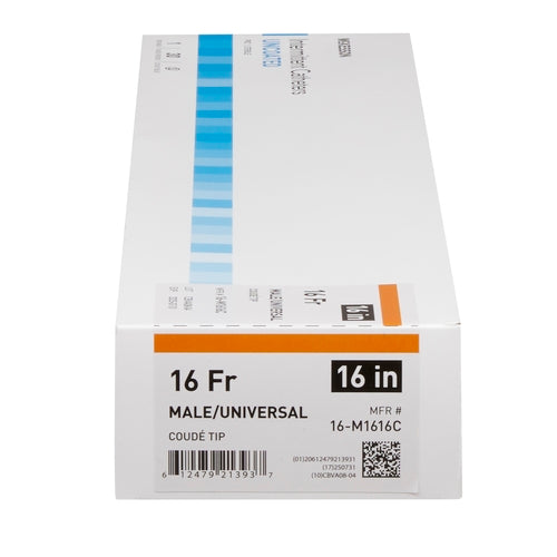 Urethral catheter coude tip box labeled 16 Fr, 16 inch, male/universal with blue stripe design and orange accent band