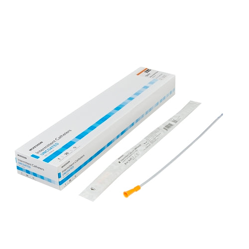 Intermittent coude tip catheter beside its blue-striped retail box and individual sterile packaging, with orange funnel end