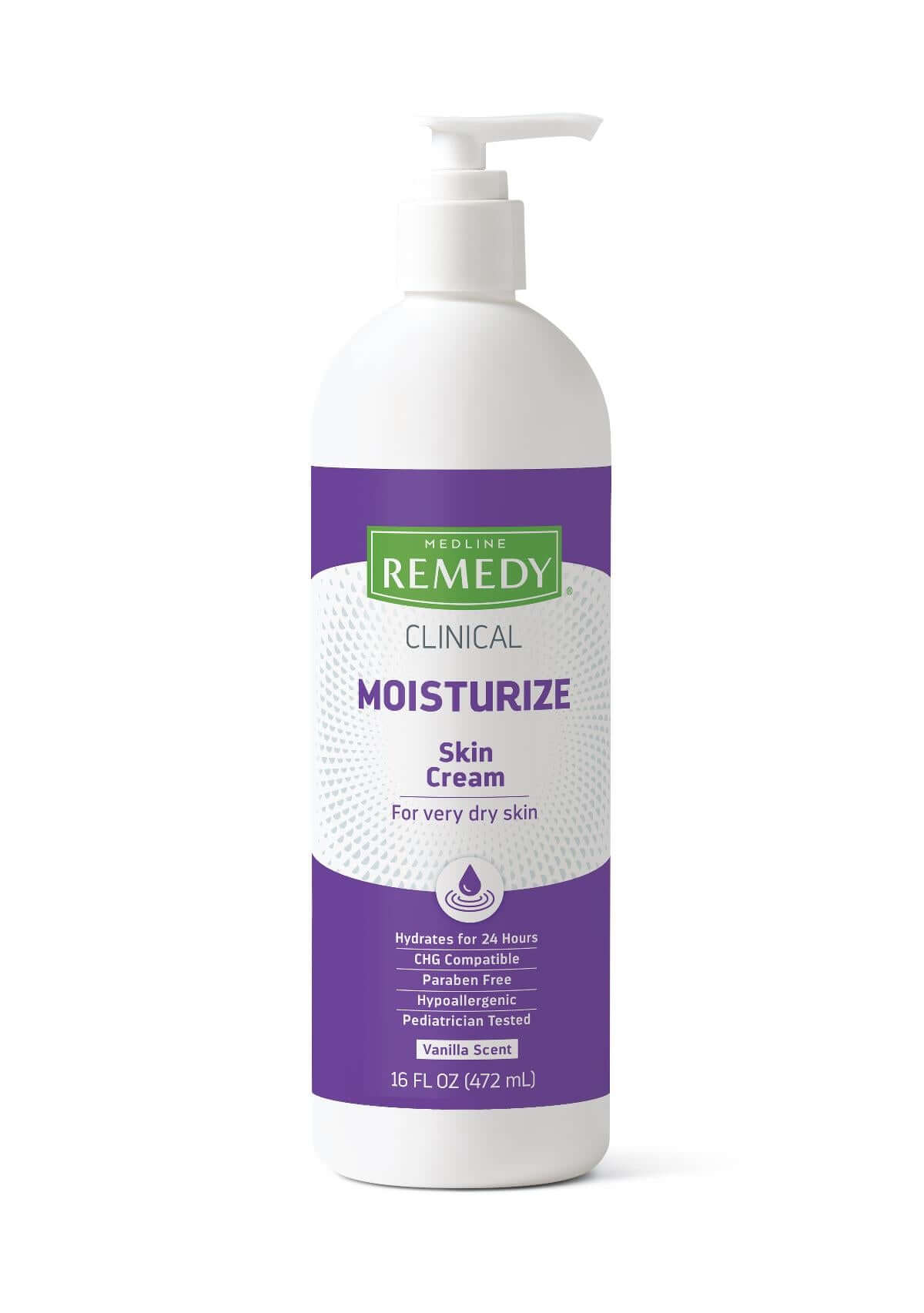 Medline Remedy Clinical Moisturize Skin Cream in a white 16 fl oz pump bottle with purple and green label