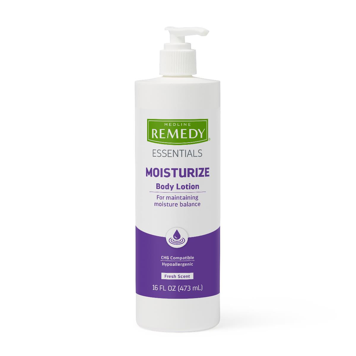 Medline Remedy Essentials Moisturize Body Lotion in a white 16 fl oz pump bottle with purple and green label