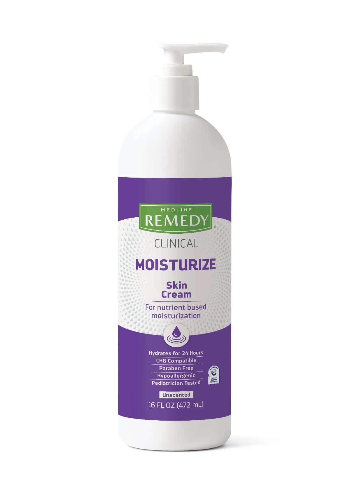 Medline Remedy Clinical Moisturize Skin Cream in a white 16 fl oz pump bottle with purple and white label