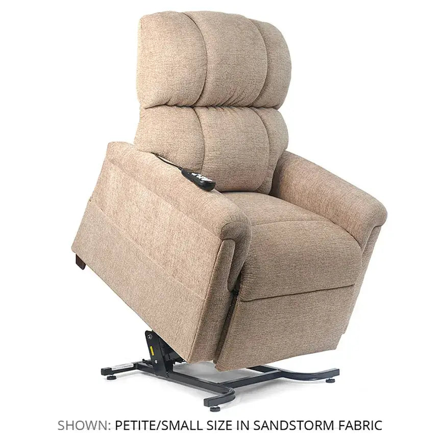 Power lift recliner chair in sandstone fabric with tufted back, side control remote, and raised metal lift base mechanism