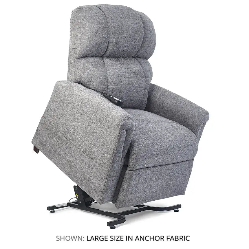 Power lift recliner chair in gray upholstery with tufted back, shown in upright seated position with lift mechanism visible