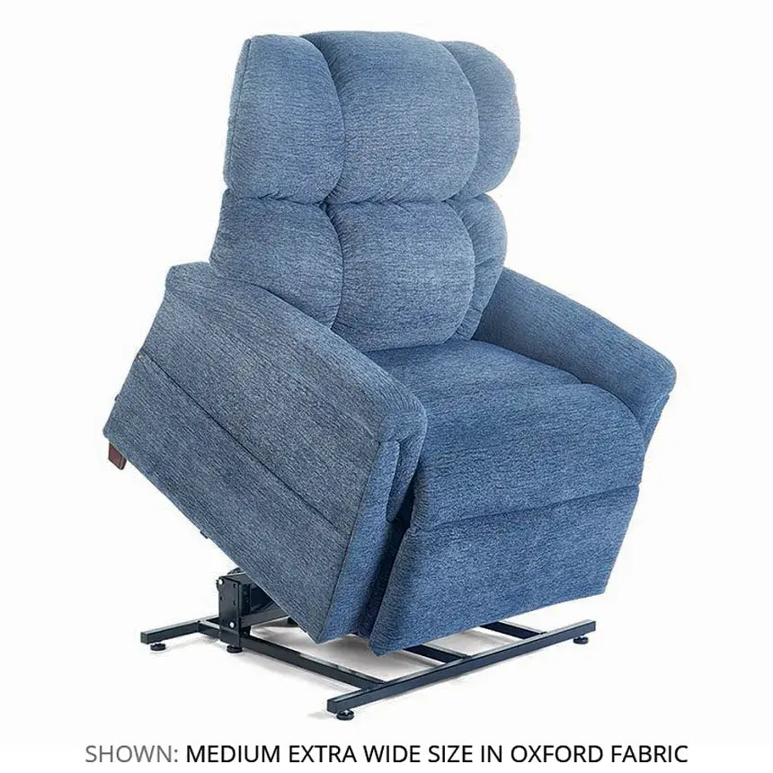 Lift chair recliner in blue oxford fabric with tufted back cushions, shown in upright seated position on metal base frame