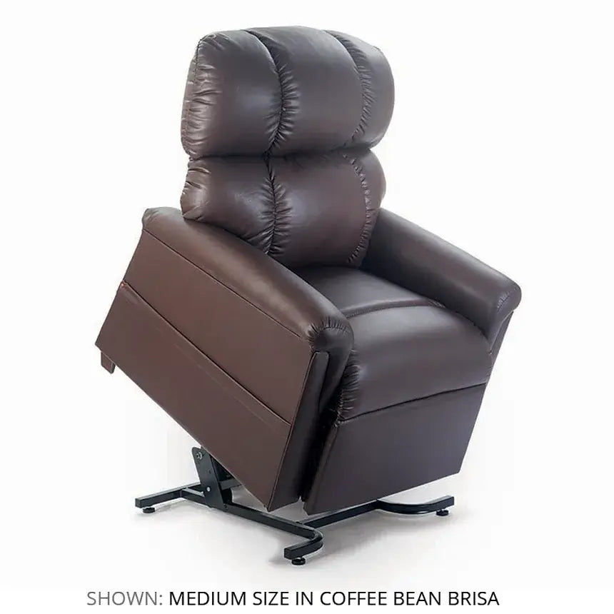 Power lift recliner chair in coffee bean brown vinyl with tufted pillow-back, extended footrest, and visible metal lift base