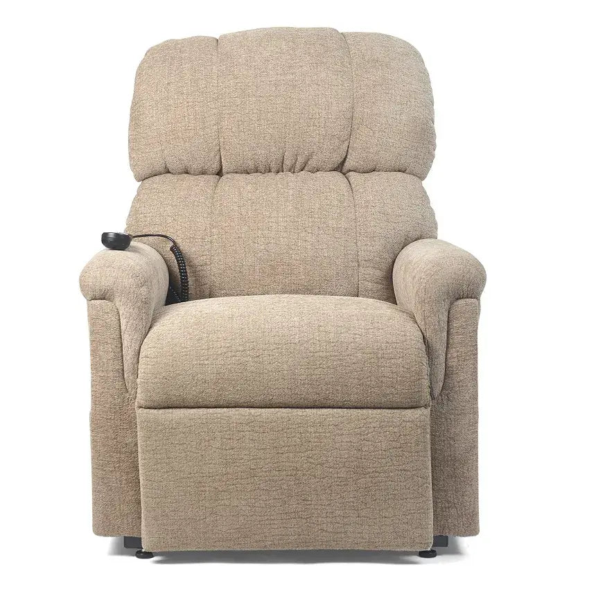 Power lift recliner chair in beige textured fabric with tufted back, rolled arms, and wired hand control, shown from front