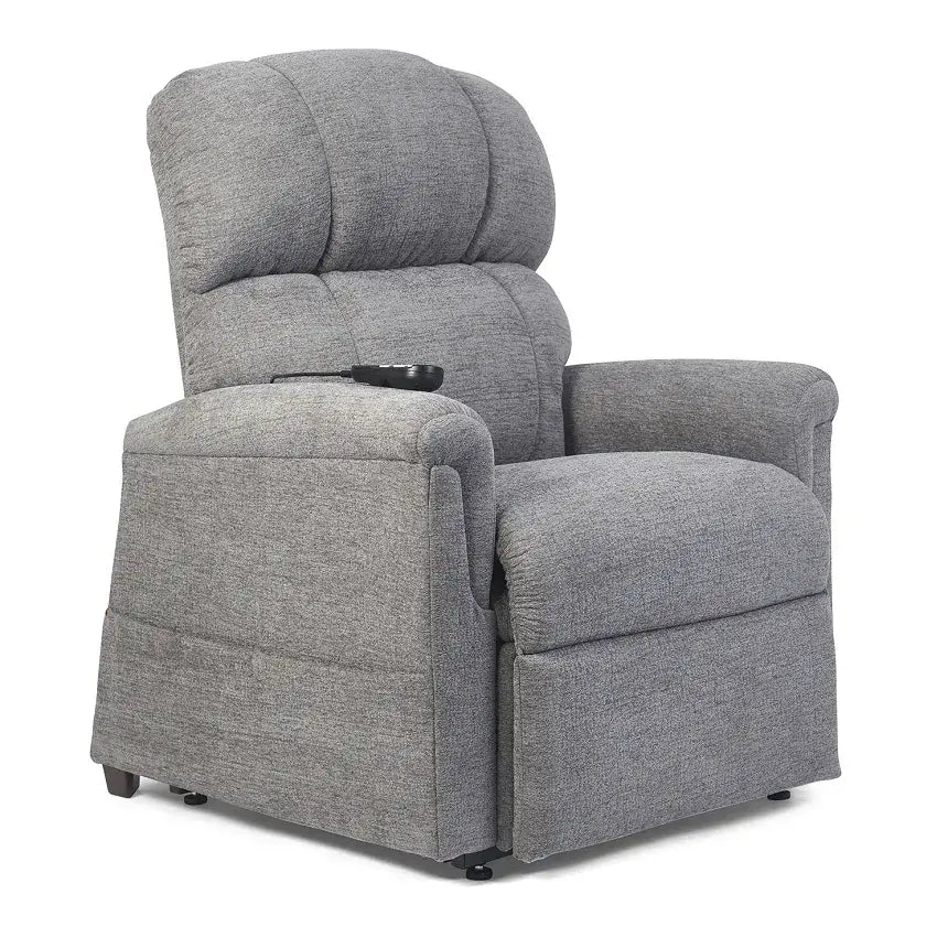 Power lift recliner chair in gray upholstery with tufted back cushioning and side-mounted hand control, shown in upright