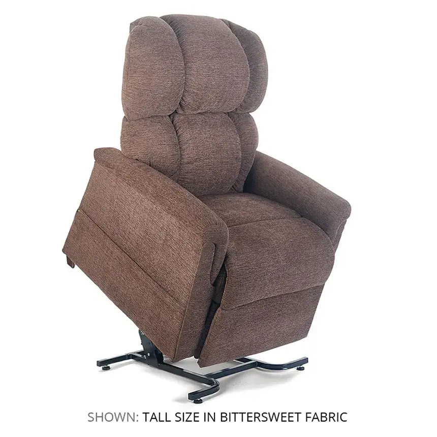 Lift chair recliner in bittersweet brown fabric with tufted back cushions, shown in upright lift position on metal base frame