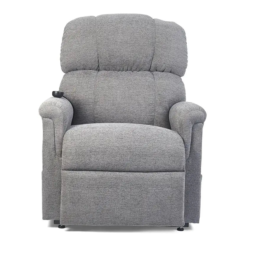 Lift chair recliner in gray fabric upholstery with tufted back, padded armrests, and side-mounted control handle, front view