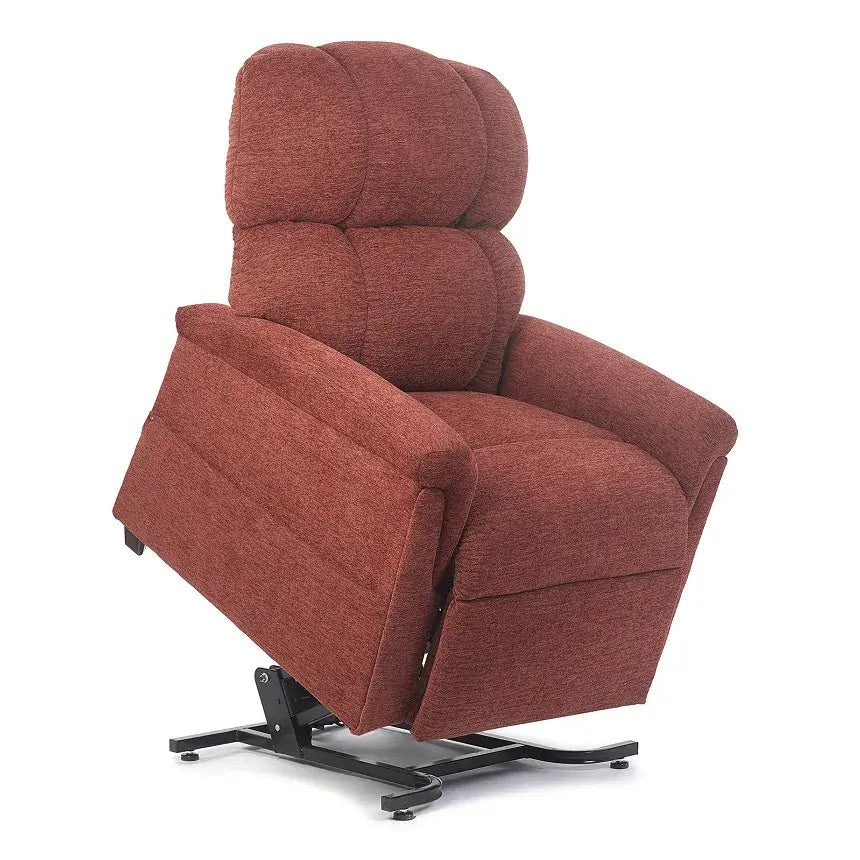 Power lift chair in deep red chenille fabric with tufted back cushions, shown in partially reclined position on metal base