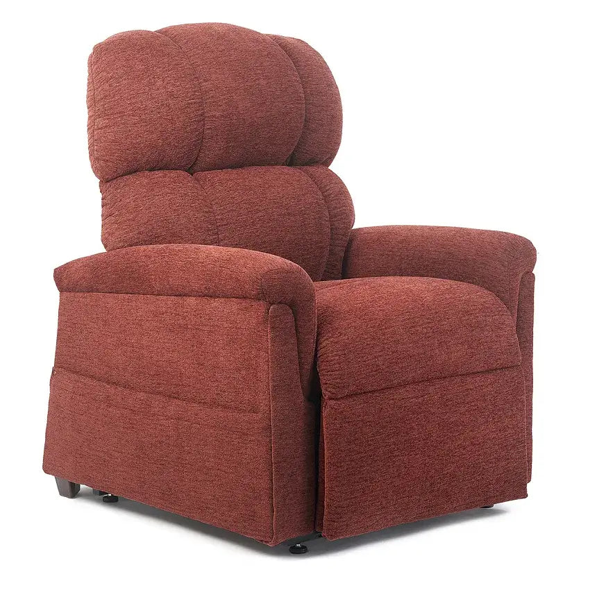 Power lift recliner chair with tufted pillow-back cushioning upholstered in red chenille fabric, shown in seated position