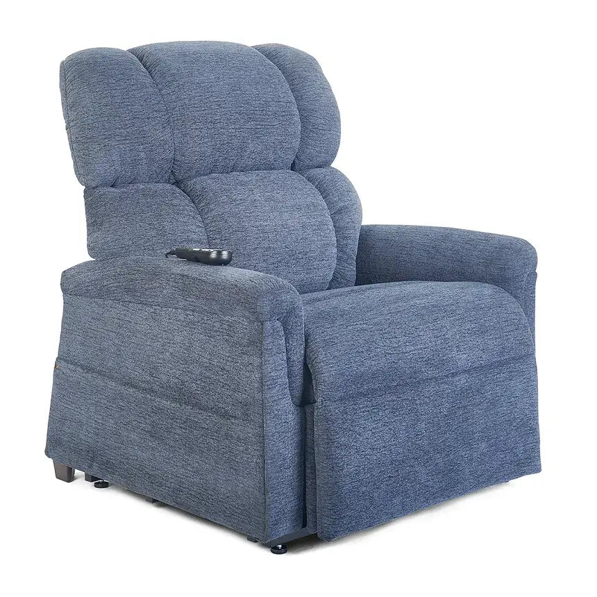 Power lift chair in blue chenille fabric with tufted back cushions and a hand control on the left armrest