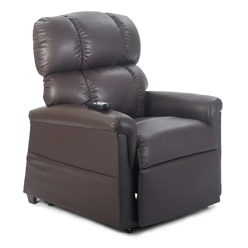 Power lift recliner in dark brown faux leather with tufted pillow-back, rolled arms, and wired hand control