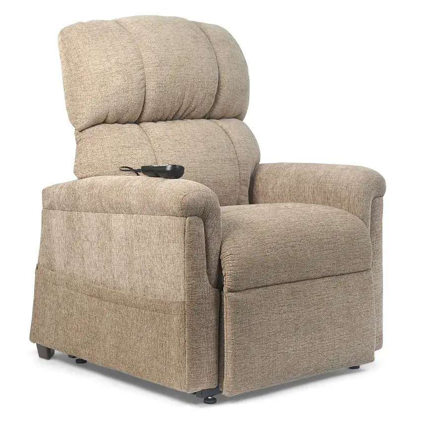 Power lift recliner chair in beige chenille fabric with tufted back, padded armrests, and side-mounted hand control