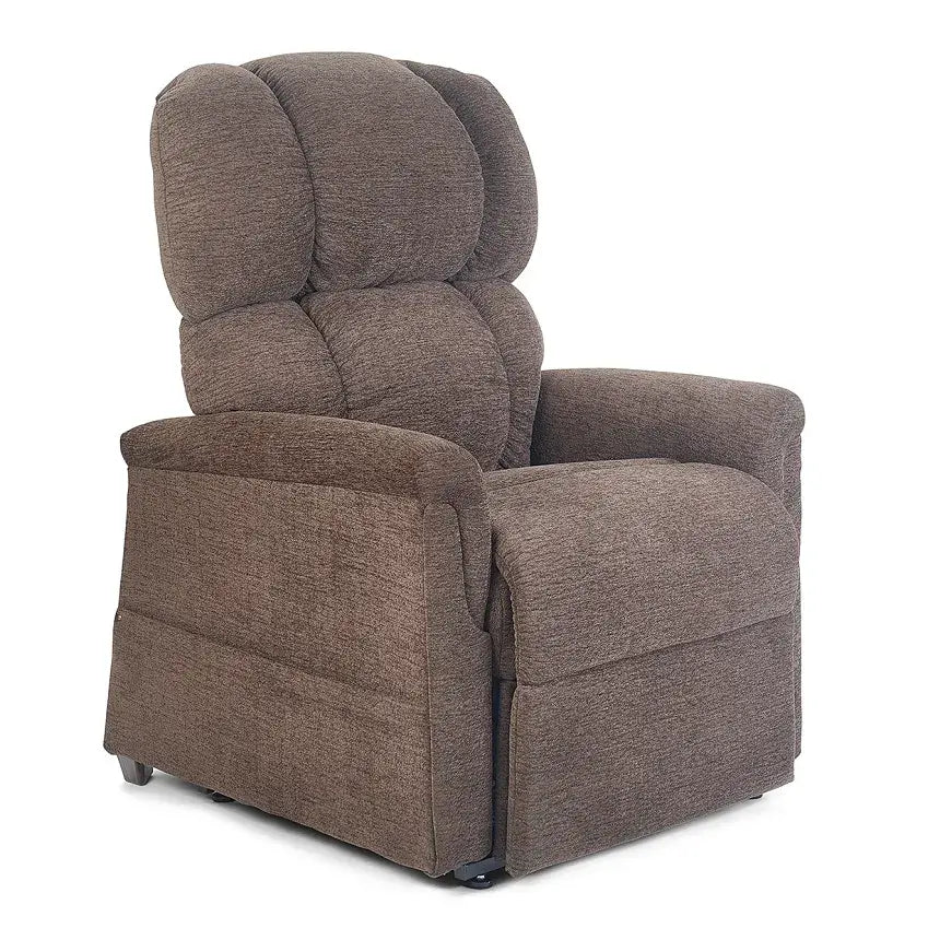 Power lift chair in taupe chenille fabric with tufted pillow back, padded armrests, and footrest in upright position