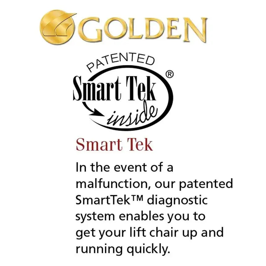 Golden lift chair Smart Tek patented diagnostic system feature badge on white background