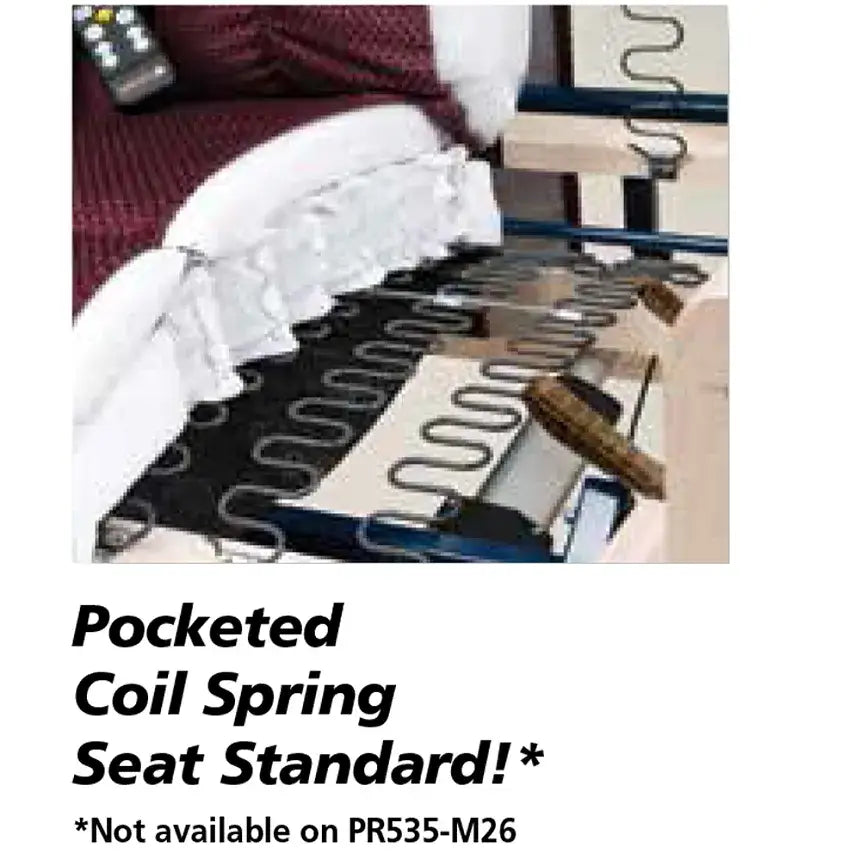 Lift chair seat interior with exposed pocketed coil spring construction visible beneath lifted cushion padding