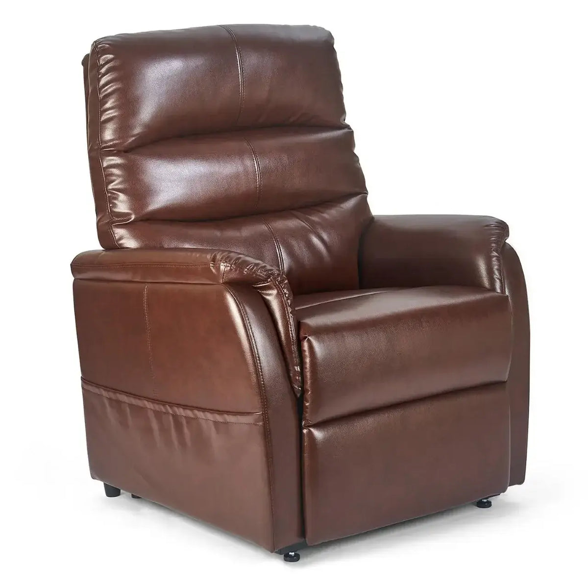Lift chair recliner in brown faux leather upholstery with tufted back, padded armrests, and upright seating position