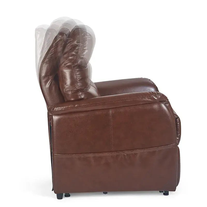 Lift chair side view in brown faux leather upholstery with clear plastic protective covering over the back and headrest