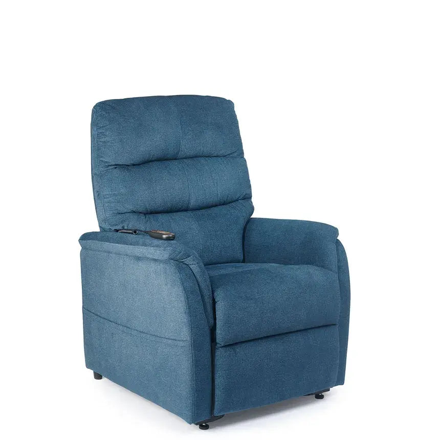 Power lift recliner chair in teal blue fabric with tufted back, padded armrests, and side-mounted hand control