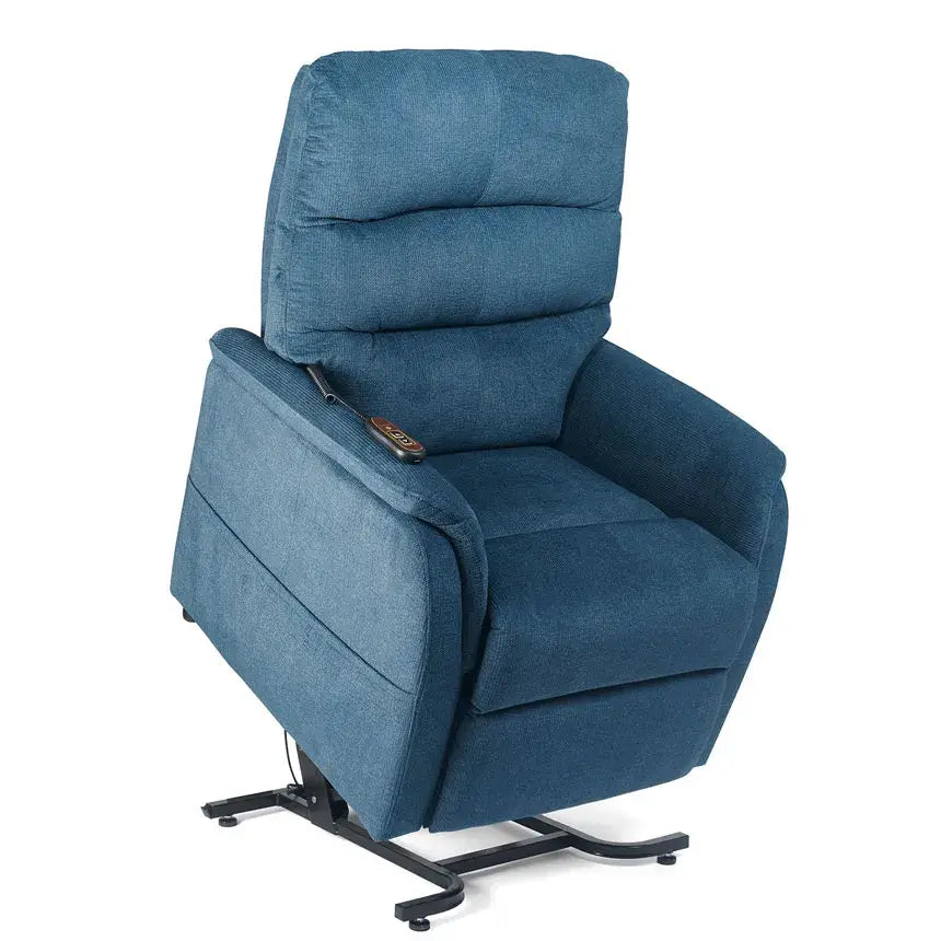 Power lift chair in blue fabric with tufted back, padded armrests, side-mounted remote control, and metal base frame