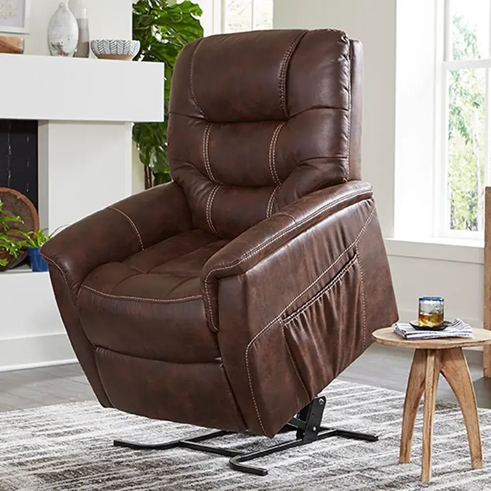 Power lift chair in brown faux leather with tufted back and side pocket, shown in lifted position in a living room setting