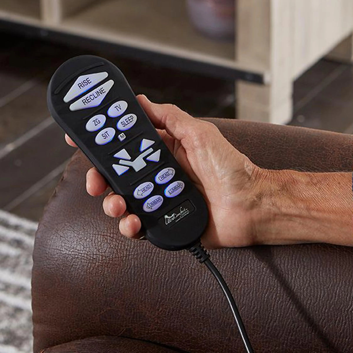 Power lift chair hand control with labeled buttons for rise, recline, TV, sleep, sit, head, lumbar, and footrest positions