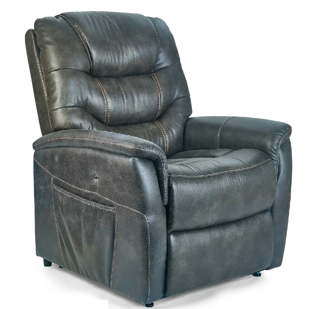 Power lift chair in gray faux leather with tufted back, padded armrests, side pocket, and contrast stitching, shown in