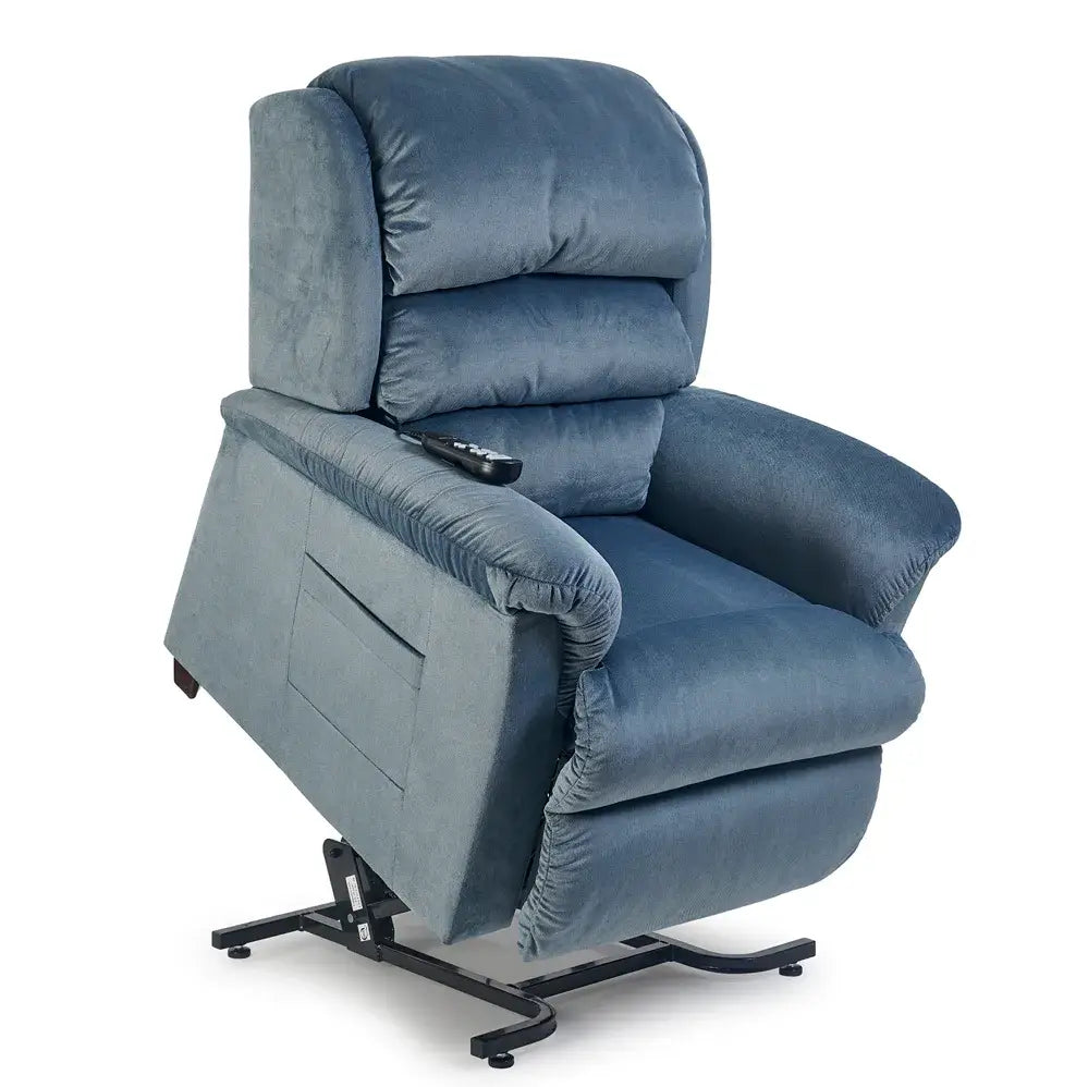 Lift chair recliner in blue fabric with pillow-top back, padded arms, wired remote, and visible metal lift base