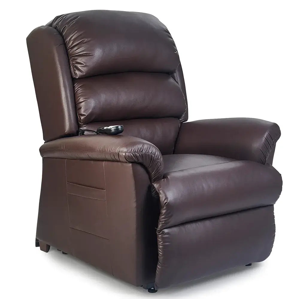 Power lift recliner chair in dark brown faux leather upholstery with tufted back, padded armrests, and side-mounted remote