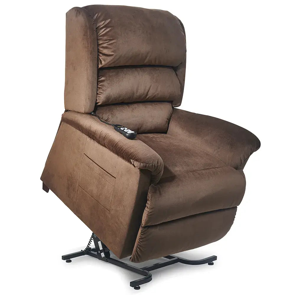 Power lift recliner in brown microfiber upholstery with tufted back, side control remote, and metal base frame
