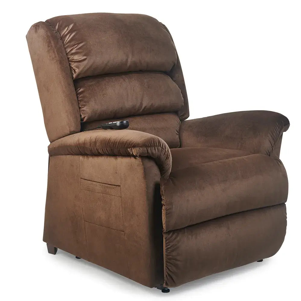 Power lift recliner in brown microfiber upholstery with tufted back, padded armrests, side pocket, and hand control remote