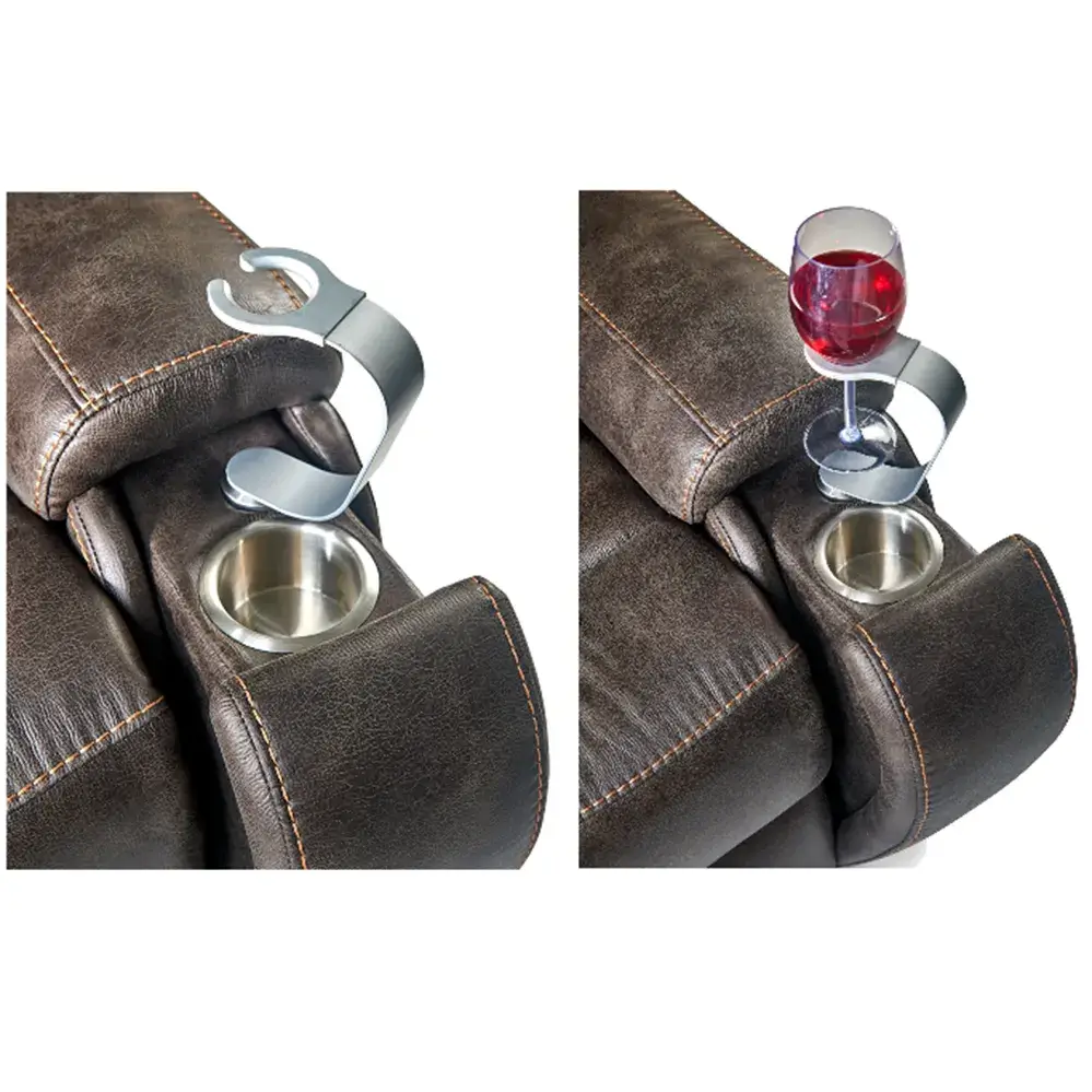 Lift chair armrest cup holder accessory shown empty and holding a stemmed wine glass, with built-in metal cup holder below