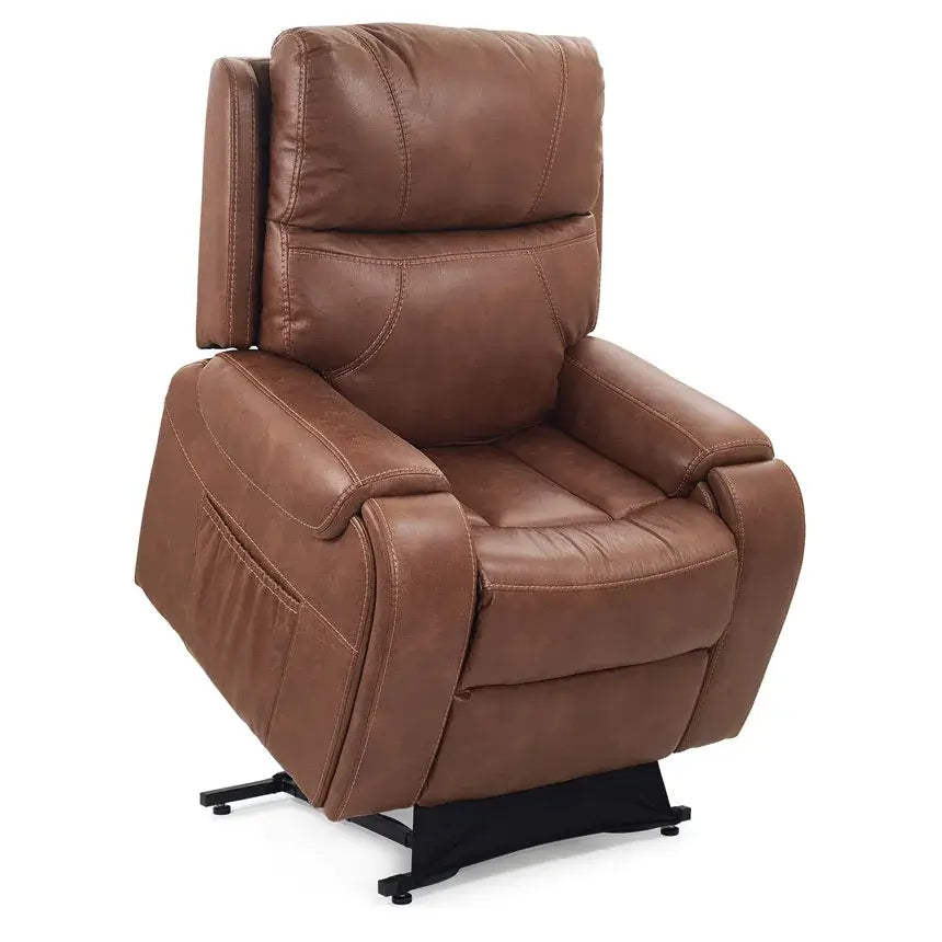 Lift chair recliner in brown leather upholstery with padded seat, armrests, and split back, shown in upright position on
