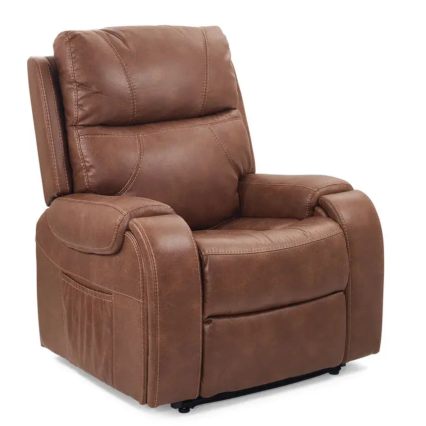 Power lift recliner chair in tan brown faux leather with padded seat, pillow back, wide armrests, and side storage pocket