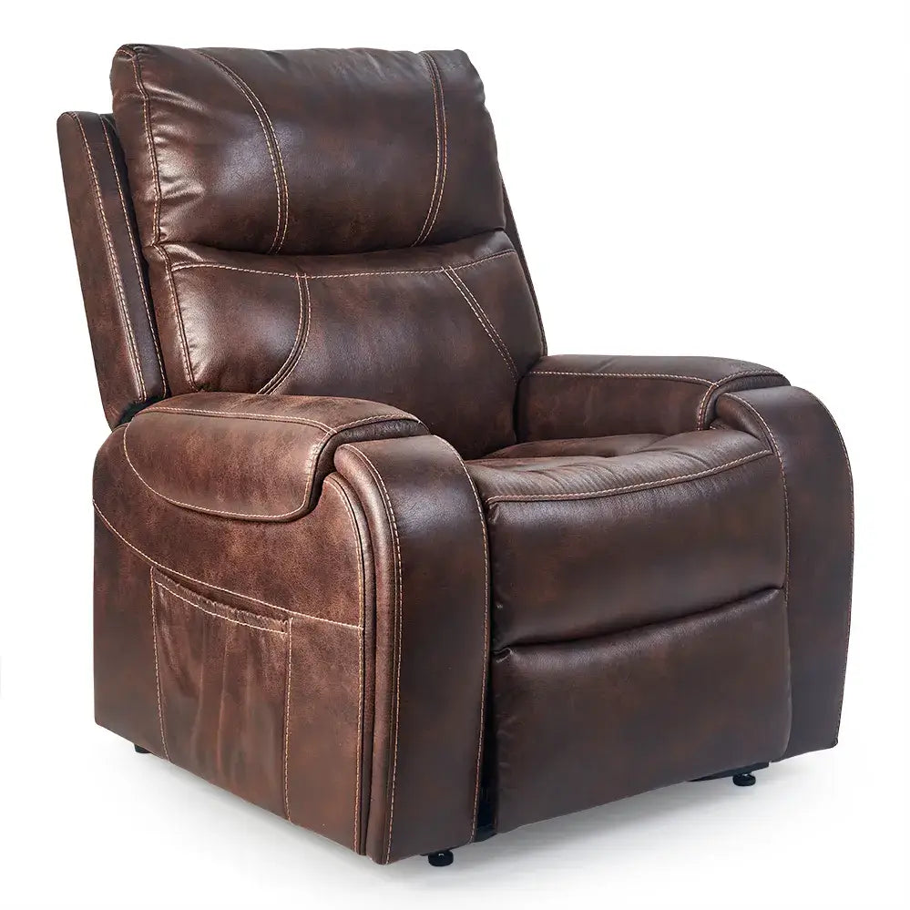 Power lift recliner chair in brown faux leather with contrast stitching, padded armrests, and side storage pocket, shown