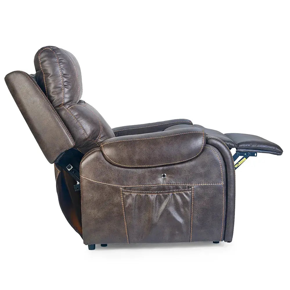 Power lift recliner in brown faux leather shown from the side in a partially reclined infinite position with footrest