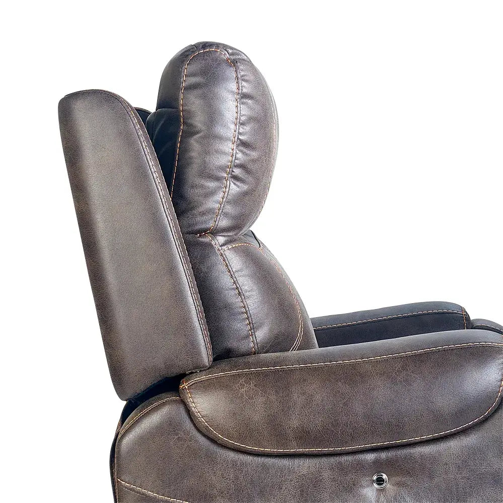 Power lift chair backrest and headrest detail in gray faux leather upholstery with contrast stitching and side control
