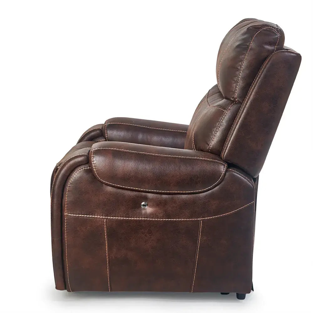 Power lift recliner chair in brown faux leather shown from the side in upright seated position with tufted back and padded