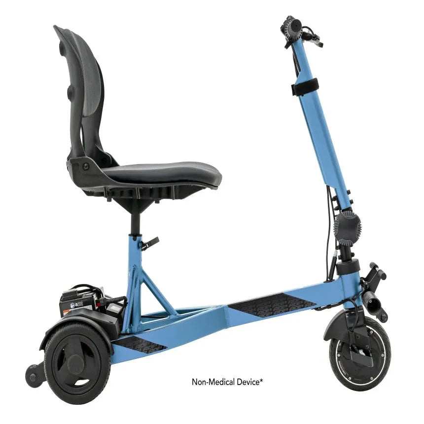 Folding mobility scooter with blue frame, black seat and backrest, tiller handlebar, two rear wheels, and one front wheel