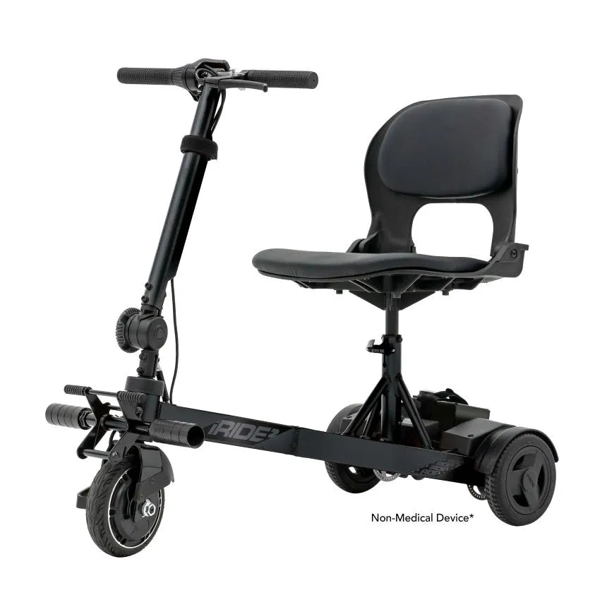 Folding mobility scooter in all-black finish with padded seat, backrest, handlebar tiller, and three wheels shown on white