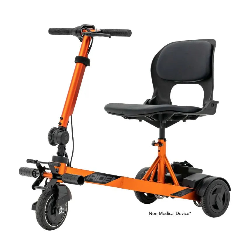 Folding mobility scooter with orange aluminum frame, black padded seat with backrest, handlebar controls, and three wheels