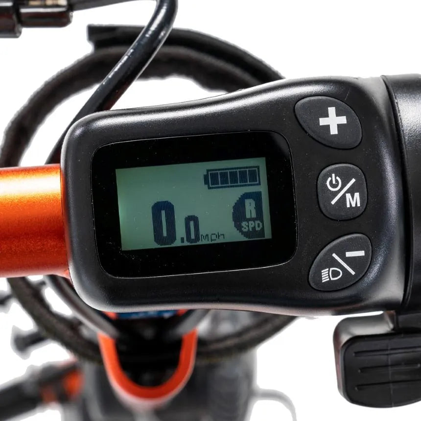 Electric scooter handlebar control panel with LCD display showing speed and battery level, plus minus and mode buttons