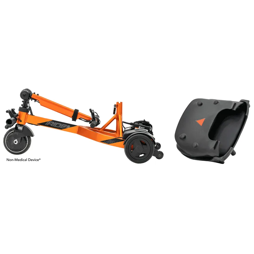 Folding mobility scooter in orange shown collapsed flat beside a detached black seat base component