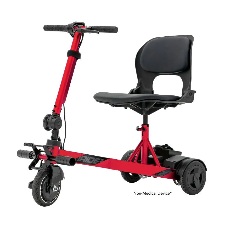 Folding mobility scooter in red with black padded seat, backrest, handlebar grips, and three wheels on white background