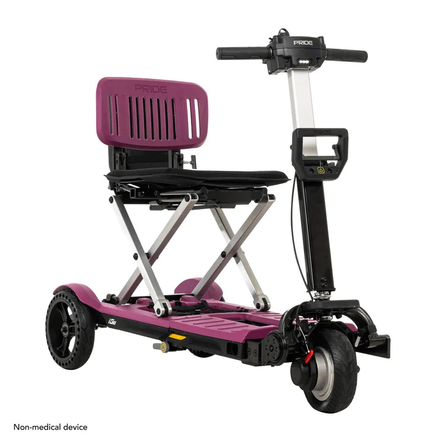 Folding mobility scooter in purple with black seat, tiller controls, and four wheels, shown fully assembled on white