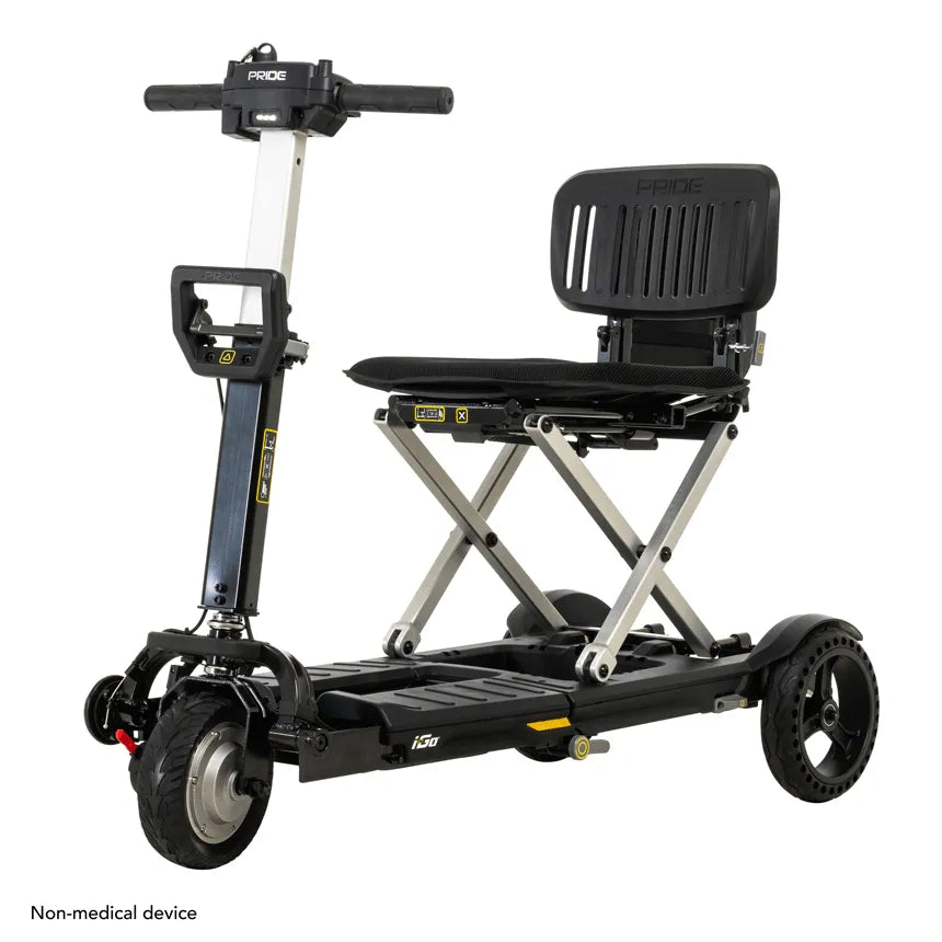 Folding mobility scooter with black seat, slatted backrest, tiller handlebar, and scissor-fold frame on four black wheels
